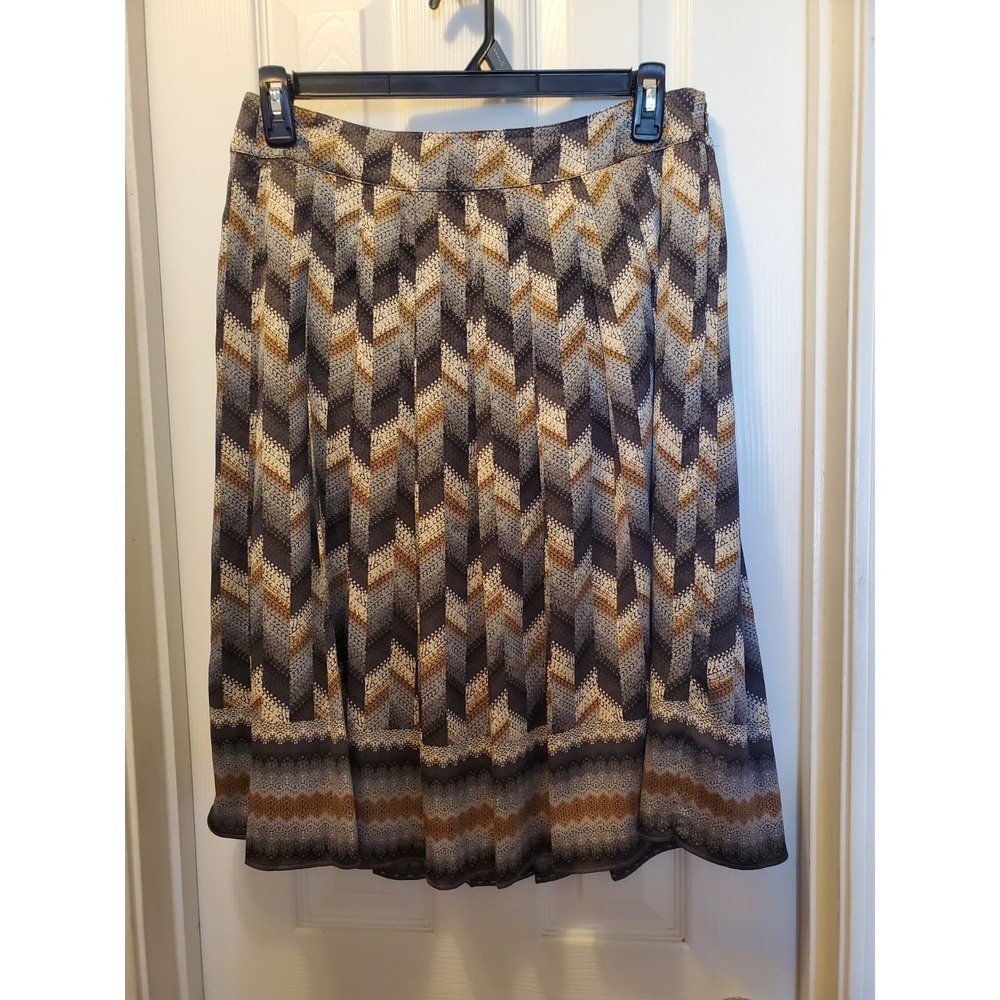 Talbots Skirt Sz 10 Midi Pleats Gray Brown Beige Side Zip Academia Office Work